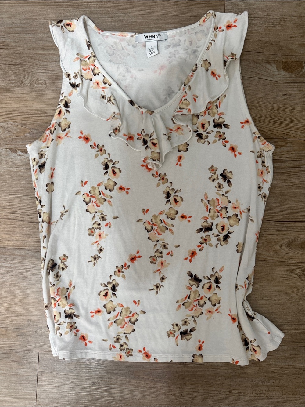 White House Black Market Cream Floral Ruffle V-Neck Sleeveless Blouse